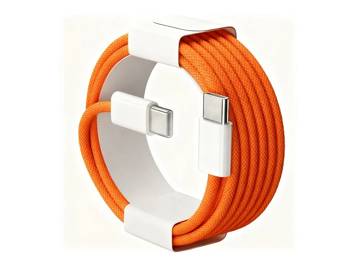 כבל טעינה קלוע כתום עם חיבור USB-C בשני הקצוות, על רקע לבן