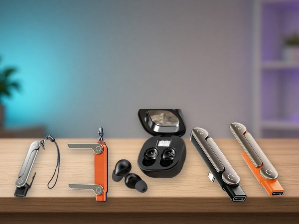 כבלי טעינה USB-C עם מעמד מתקפל בכסוף, כתום ושחור, ואוזניות אלחוטיות שחורות בקופסת טעינה, על שולחן עץ